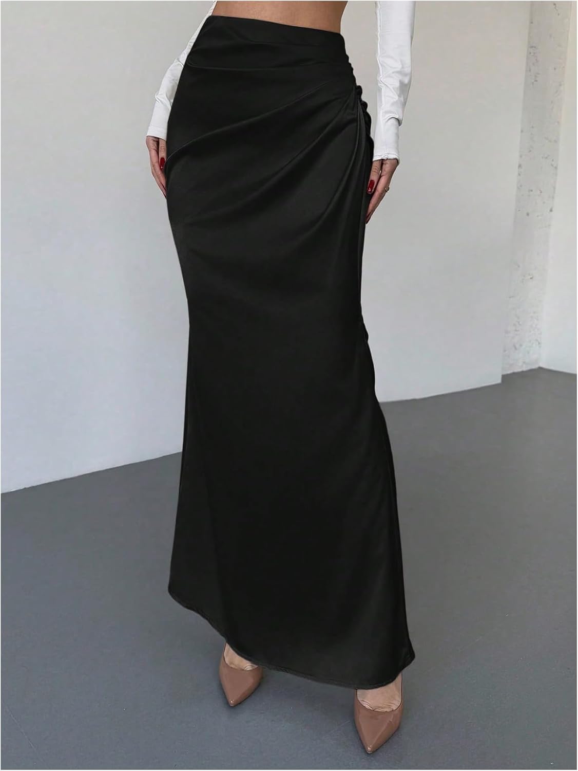 SHENHE Women's Satin Maxi Skirt High Waisted Side Ruched Elegant Silky Dressy Fishtail Skirt