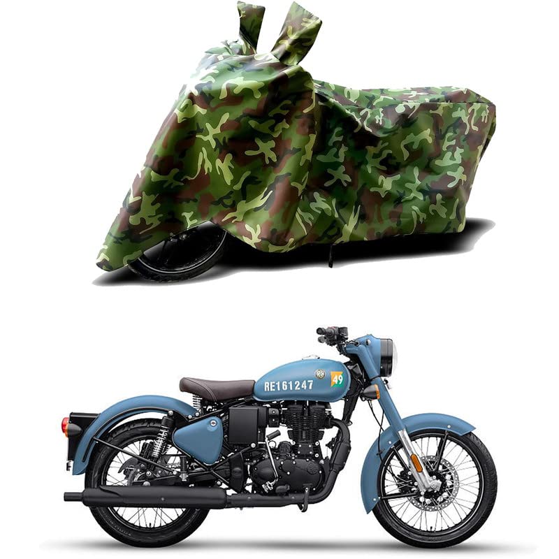 Image of 100% Water Resistant Bike Scooty Two Wheeler Body Cover Compatible for Royal Enfie Classic 350 /UV-Rays /Heat Protection /Birds Dropping /Scratchproof /Dust Proof /Waterproof /All [Green MJ]