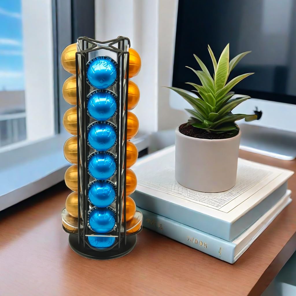 Meelio Vertuo Pod Holder Carousel Stand for 28 Nespresso Vertuo Capsule Storage Organizer with Extra Space for Coffee Mate Silent Rolling,Black: Black 28 Vertuo Pod