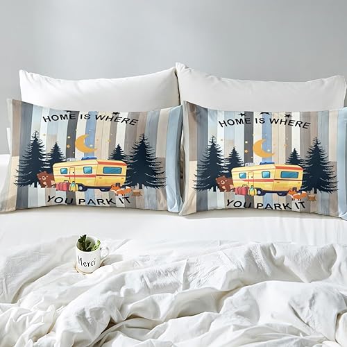 Vista 46 de Erosebridal Juego de sábanas de Happy Camping King, accesorios para cámper para niños, adolescentes y adultos, sábana bajera ajustable de dibujo