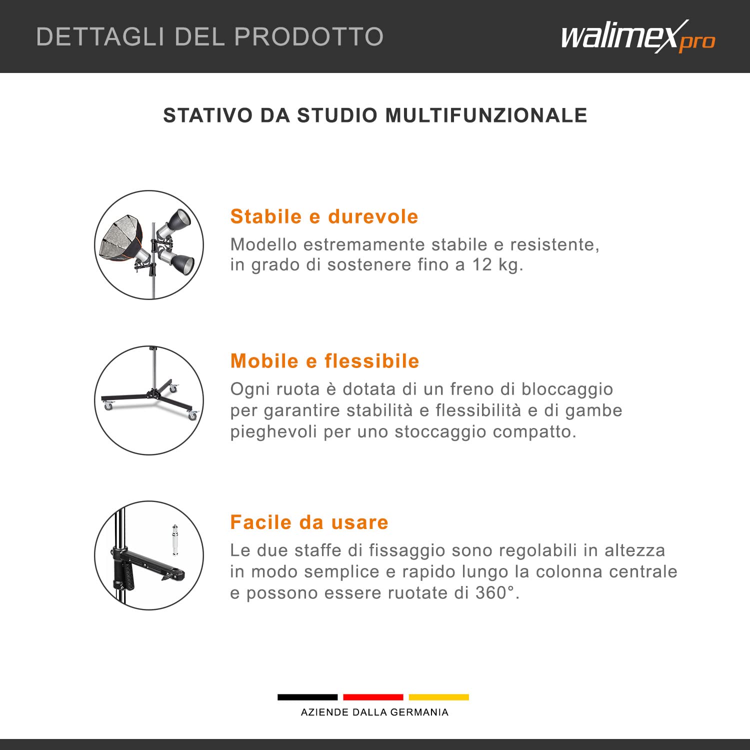 Walimex pro Treppiede mobile 223 cm - Robusto treppiede da studio con 2 supporti a morsetto che possono essere spostati rapidamente e rulli stabili, caricabile fino a 12 kg