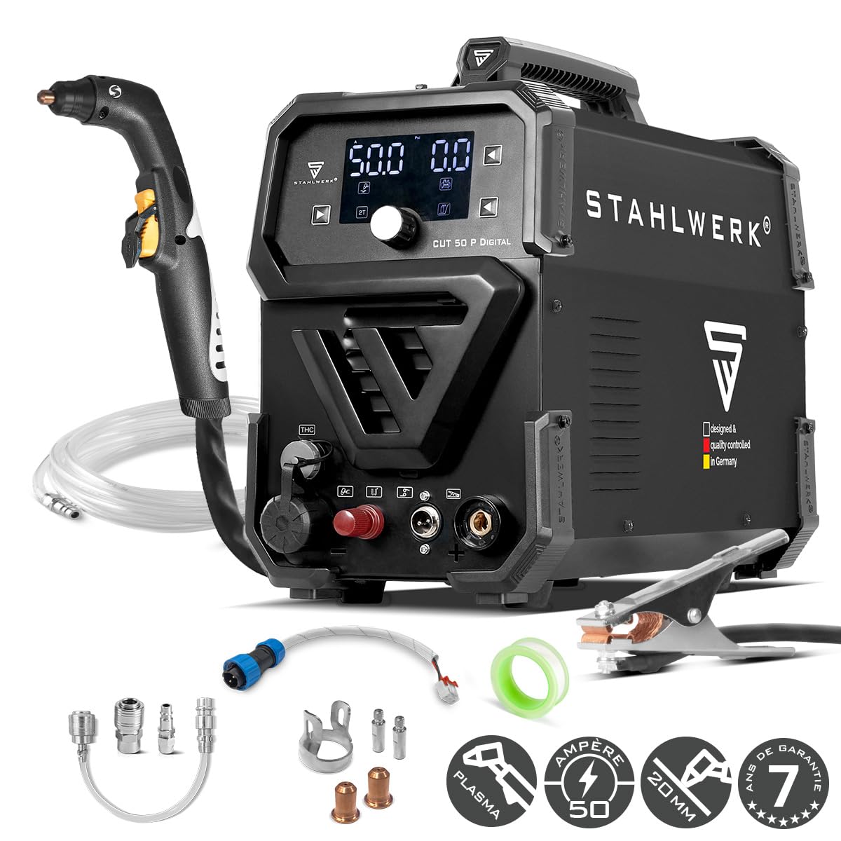 STAHLWERK Découpeur plasma CUT 50 P Digital – Poste de découpe plasma 50 A, capacité de coupe jusqu'à 20 mm, amorçage pilote HF, interface THC pour contrôle de hauteur CNC, Inverter Plasma Cutter