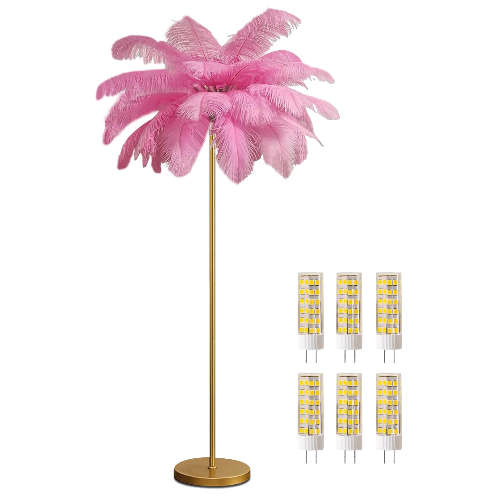 Lampadaire en plumes d'autruche rose haut de gamme avec 48 plumes naturelles de 169cm