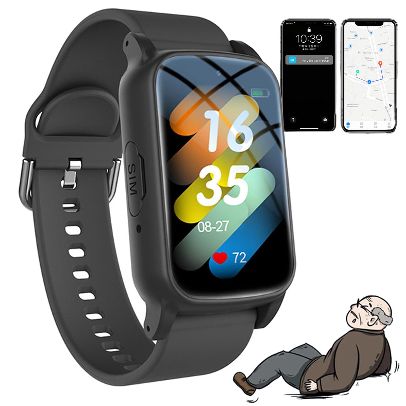 Reloj Con DeteccióN De CaíDas Para Personas Mayores, Con GPS | BotóN SOS | Monitoreo De Salud | Contestador AutomáTico, Recordatorio De CaíDas, Para Pacientes Con Alzheimer Y Demencia. Black