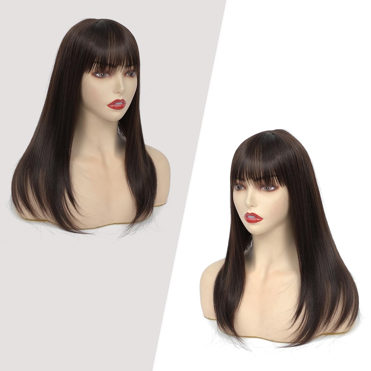 Topper de cabello para mujeres, piezas de cabello sintético de 45 cm, toupet con flequillo, peluca recta, piezas de cabello para cabello fino, marrón chocolate