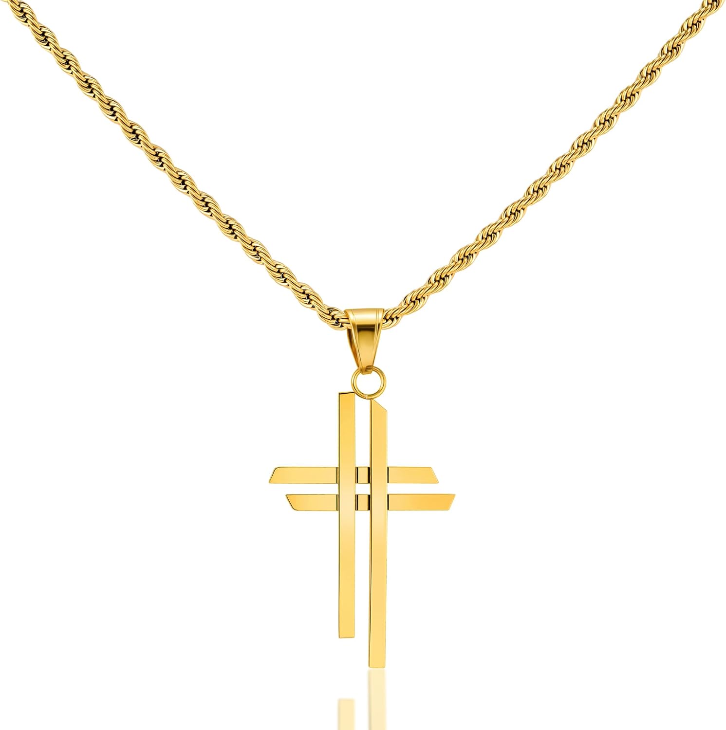ALEXCRAFT Stainless Steel Cross Necklace for Men Double Cross Stainless Steel Necklaces for Women Trendy Crucifix Pendant with 21inch Rope Chain