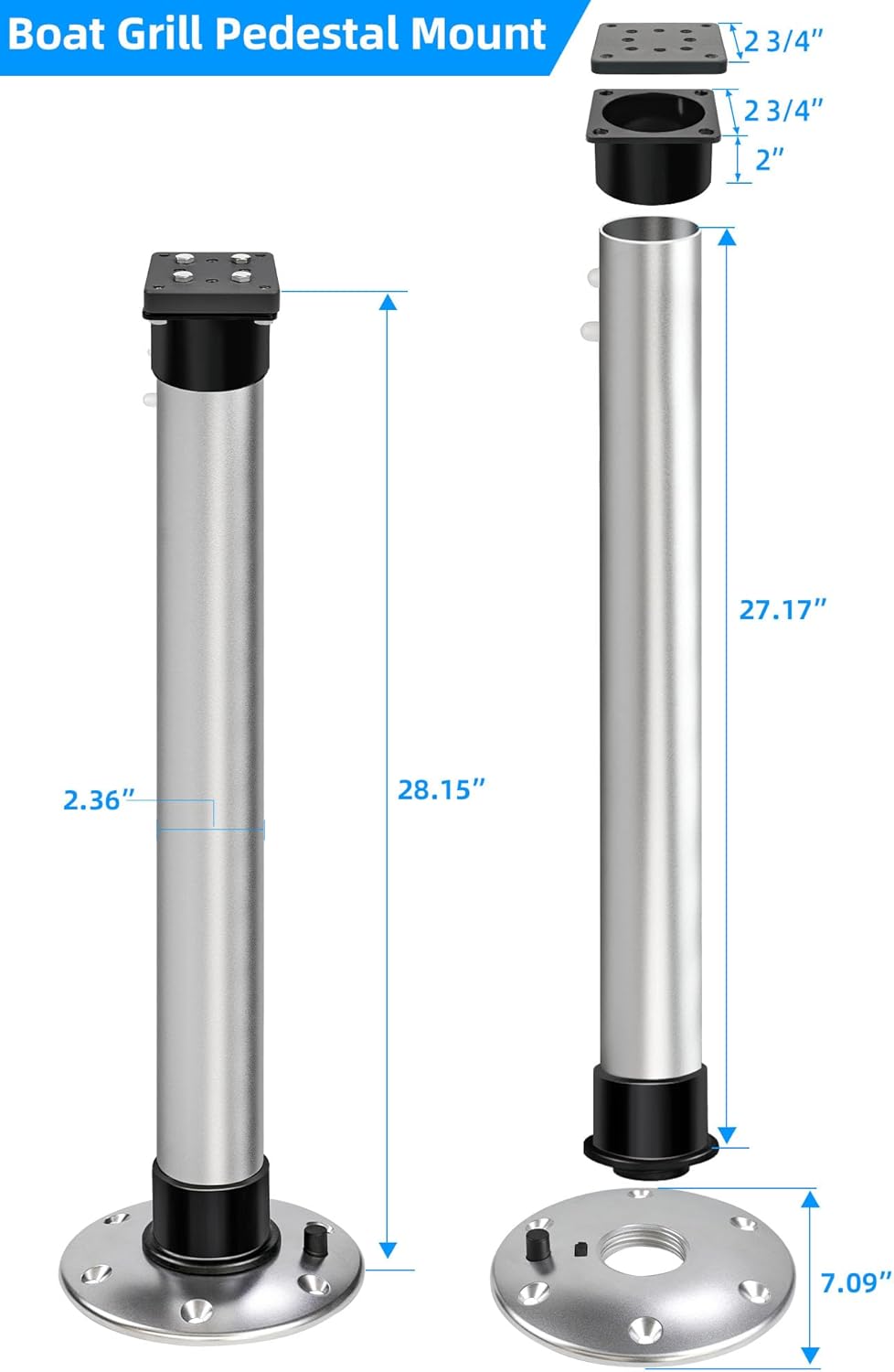Boat Grill Pedestal Mount for Rectangular Grill or Single Table,Marine Boat Barbecue Grill Mount Base Double Lock Stowable for Swim Platform on Pontoon/Sailboat/Deckboat,Marine Grill Accessories