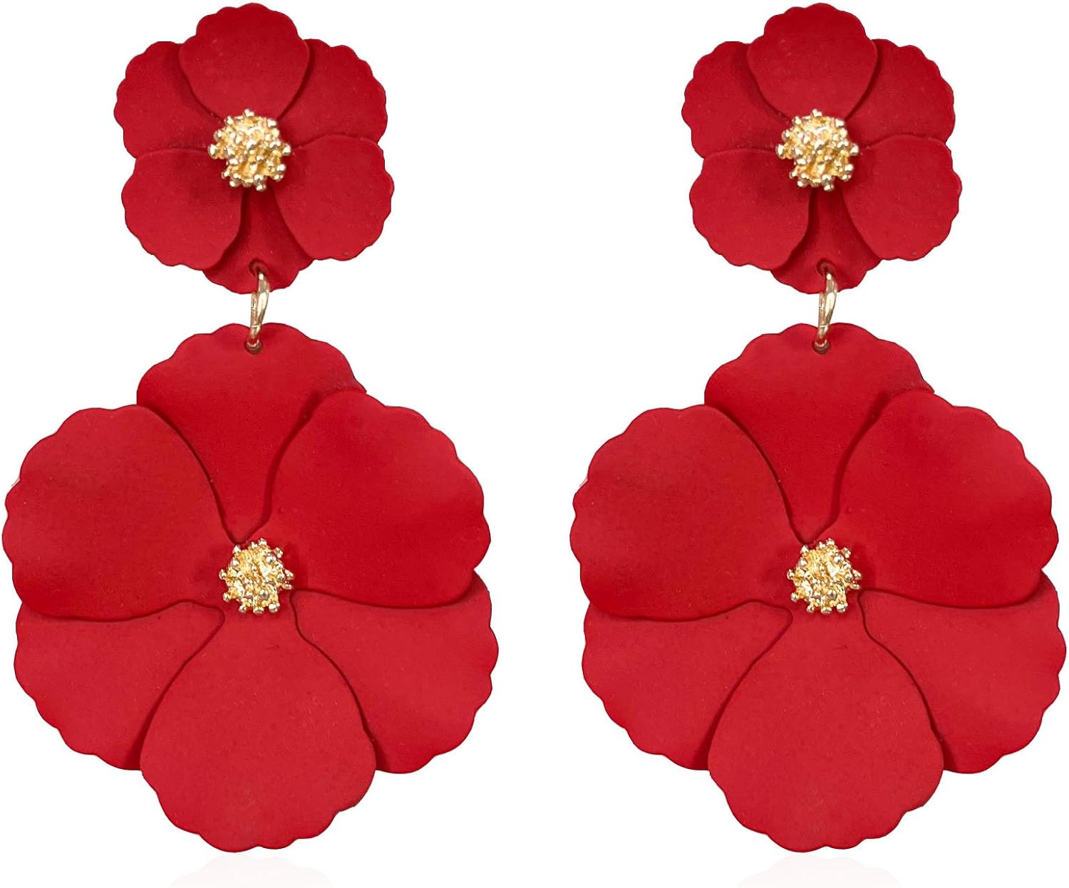Large Double Flower Earrings Candy Color Metal Dangle Romantic Boho Sweet Gold Chic Wild Flower Statement Earrings for Women Wedding Party Jewelry
