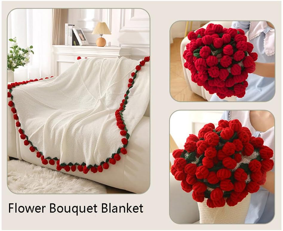 Flower Bouquet Blanket, 43" Crochet Rose Throw Blanket, Tablecloth Shawl Wraps for Home Decor Mother's Day Valentine's Day Birthday Gift (Red Rose, 43 Inch)