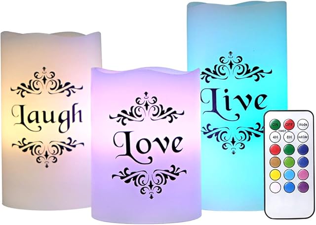 Eldnacele Multicolor Flameless Live Love Laugh Candles Real Wax Battery Operated Electric LED Color Changing Candle Lights with Remote Control for Home Easter Christmas Decoration, Set of 3