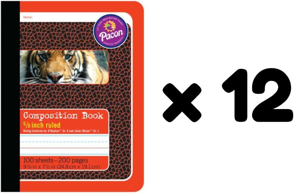 Pacon 5/8" Ruled Composition Book 2427, 9.75" x 7.5", 200 Pages (100 Sheets), Book Bound, D'Nealian Grade K and Zaner-Bloser Grade 1, 0.625" Ruling, 0.625" Dotted Midline, 0.625" Skip Space, Class Pack of 12