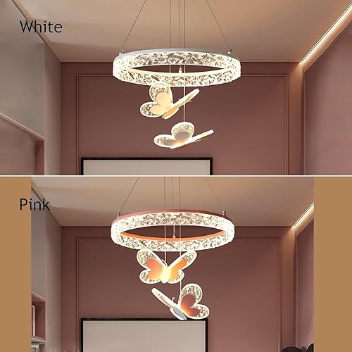 Miniatura 6 de Mini candelabro de cristal de mariposa rosa, pantalla redonda de cristal para dormitorio de niña, con colgante de mariposa, montaje empotrado,