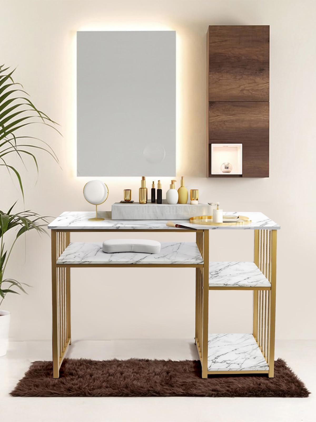EBANKU Mesa de Manicura, Mesa de Manicura de Doble Capa con Estampado de Mármol Escritorio de Técnico de Uñas con Reposabrazos para Técnicos de Uñas