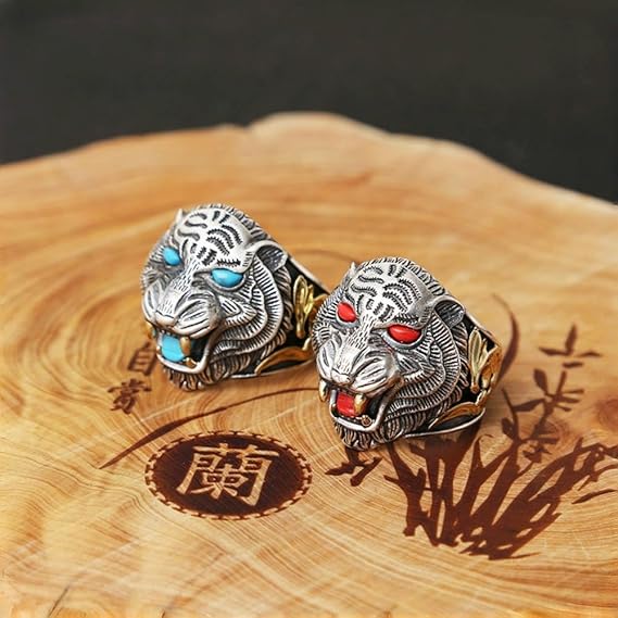 TIGER FORGE 鳥の頭部リング Solid 925 Sterling Silver Tiger Head Ring Animal Ring for Men Open
