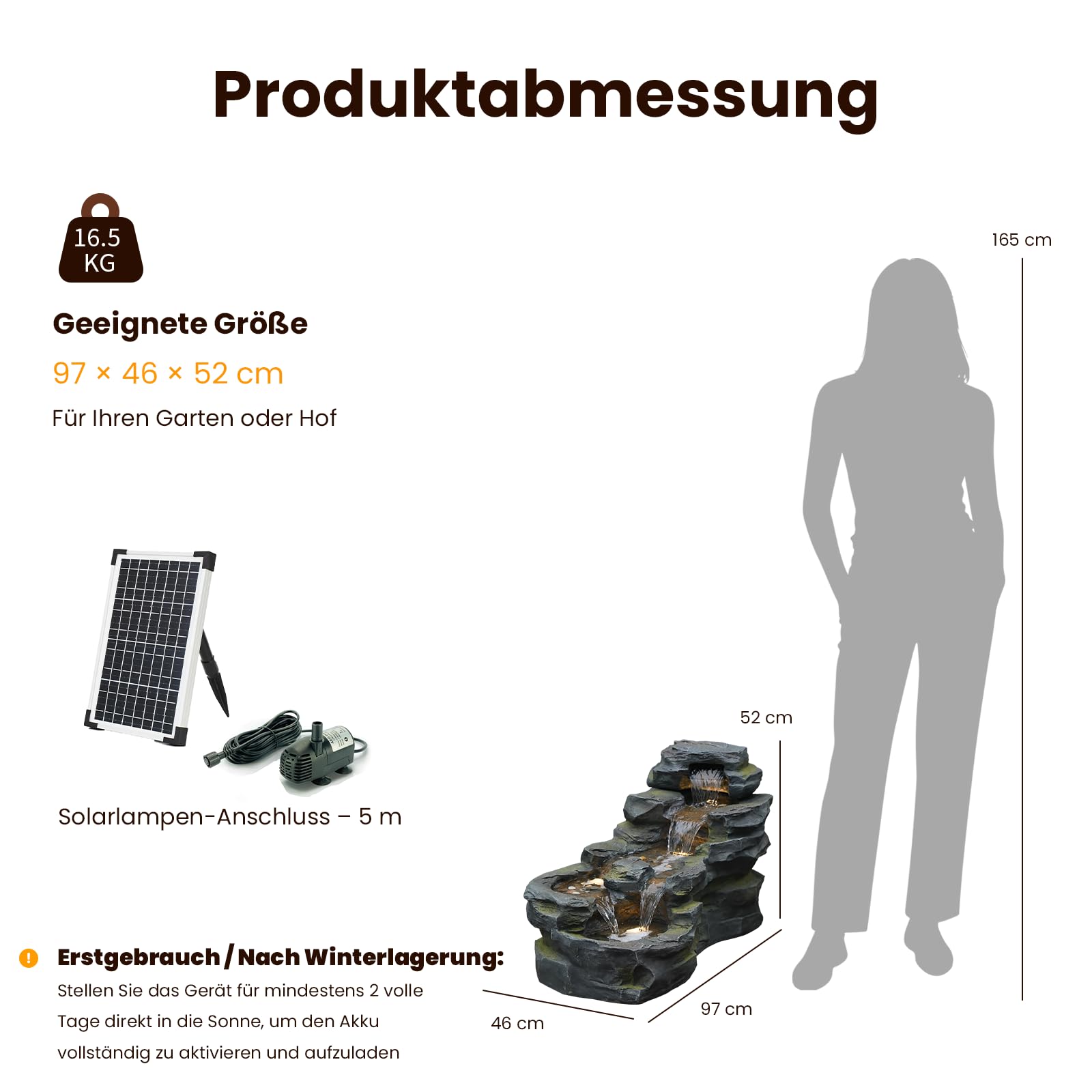 Bumilgar Solarbrunnen mit LED-Beleuchtung, 5-stufiger Etagenbrunnen aufstellbar, Naturstein-Optik Wasserfall-Brunnen für Terrasse, Balkon | Garten-Dekoration & Wohnaccessoire | 94 x 49 x 53 cm