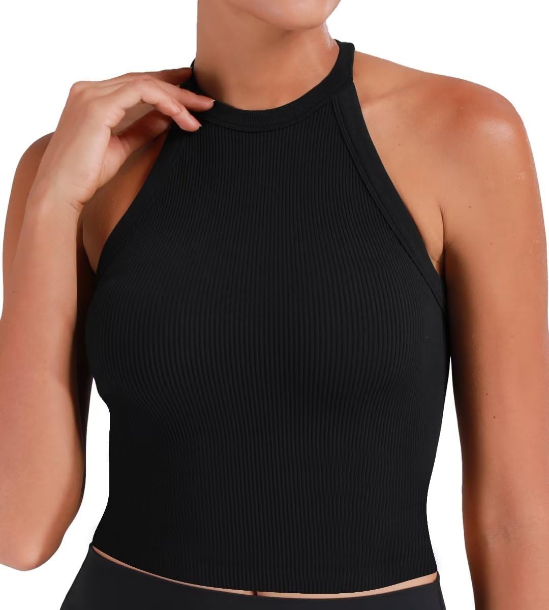 Sunzel Ribbed Tank Tops for Women, Halter High Neck Seamless Cute Crop Top, Basics Sleeveless Workout Athletic Yoga Shirts