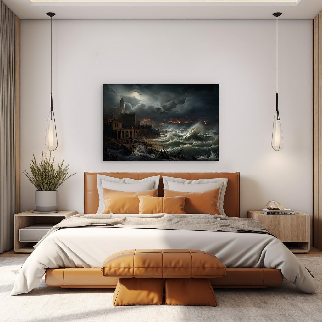 Canvas for Living room. Gothic Nightmares: An Unnaturally Bright Moon Over a Flood Ravaged City, 27 x 18 inch Canvas Wall Art - Ready to Hang