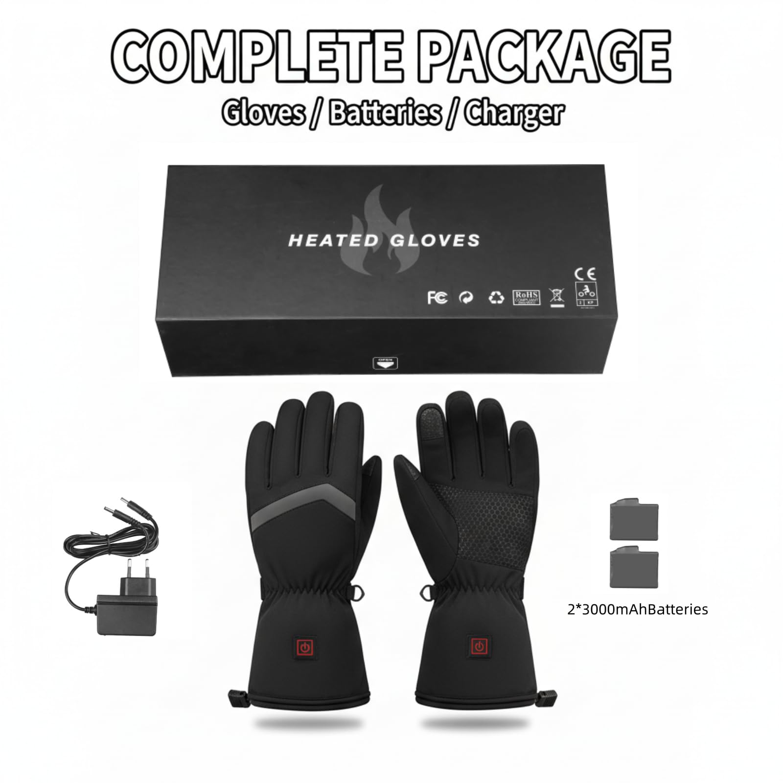 Beheizbare Handschuhe Herren Damen - Winterhandschuhe mit Akku, 7.4V 3000mAh, 3-Stufen Heizung, Wasserdicht, Touchscreen Heizhandschuhe für Skifahren, Motorrad, Radfahren, Camping