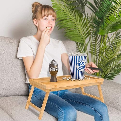 Miniatura 4 de Zhuoyue Bandeja de cama de bambú con patas plegables, bandeja de desayuno, ideal para el desayuno en la cama o bandeja para comer