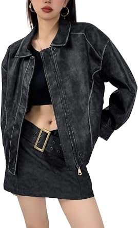 chouyatou Womens Fall Distressed Faux Leather Bomber Jacket Motorcycle Oversized Leather Jacket
