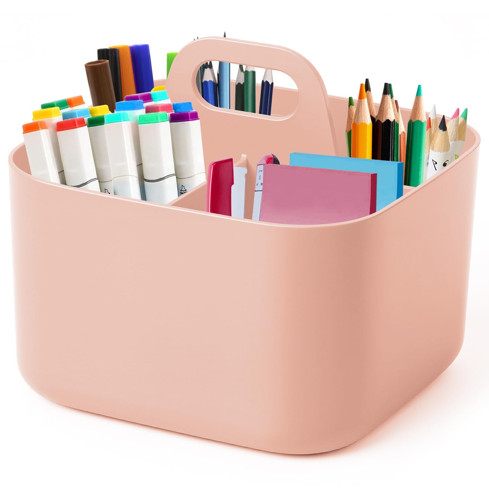Esilihom Multipurpose Desk Organiser, Stackable Cleaning Caddy with Handle, 4-Compartment Pen Organiser for Stationery & Makeup | Bathroom & Office Storage Tidy (Pink)