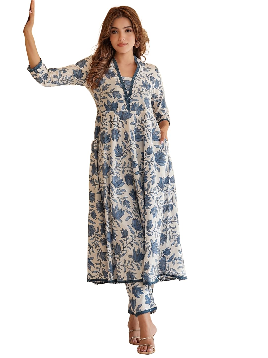 Lookmark Women's Printed Cotton Blend A-Line Kurta Pant Dupatta Set With Lace - Elegant Ethnic Wear For Women - Perfect For Casual And Festive Occasions (Az-Lm-Og-Ks2114 Blue-S)
