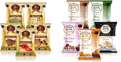 Quality Store Amla Reetha Shikakai, Bhringraj and Hibiscus Powder, 200g, Multicolor & Online Quality Store Multani Mitti, 200g with Chandan Powder, 50g, Orange Peel Powder, 50g, Neem Pow