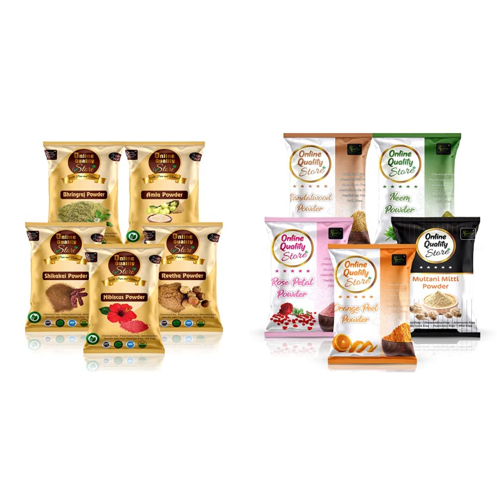 Online Quality Store Amla Reetha Shikakai, Bhringraj and Hibiscus Powder, 200g, Multicolor & Online Quality Store Multani Mitti, 200g with Chandan Powder, 50g, Orange Peel Powder, 50g, Neem Pow
