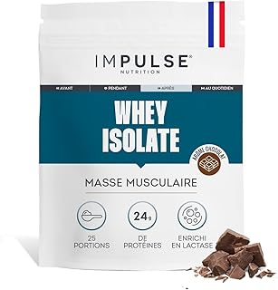 Visuel du produit : Impulse Nutrition - Whey Isolate Chocolat - Protéines et BCAA - 25g Protéines/Portion - Digestion Facilitée - Faible en Sucres - Boisson Récupération - Sport et Performance - 750g - Fabriqué en France