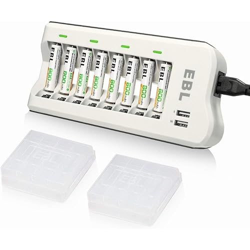 EBL AAA Rechargeable Batteries with Battery Charger Combo - AAA Battery 8 Packs 1.2V NiMH with Smart Individual Household Battery Charger