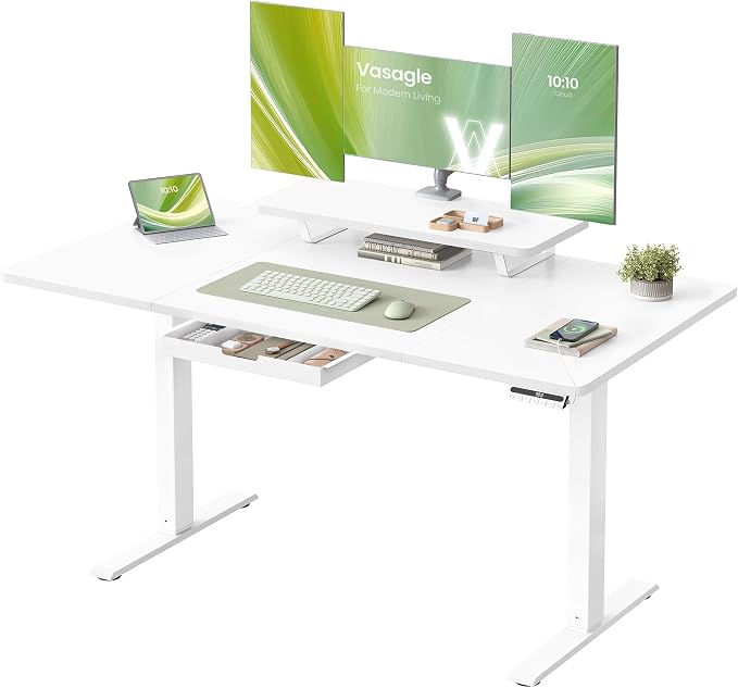 VASAGLE Bureau Électrique Réglable en Hauteur, 140 x 70 cm, Support d'Écran à Montage Flexible, Tiroir, Port USB-C, Rappel de Sédentarité, pour Télétravail, Blanc Nuage LSD154WB01