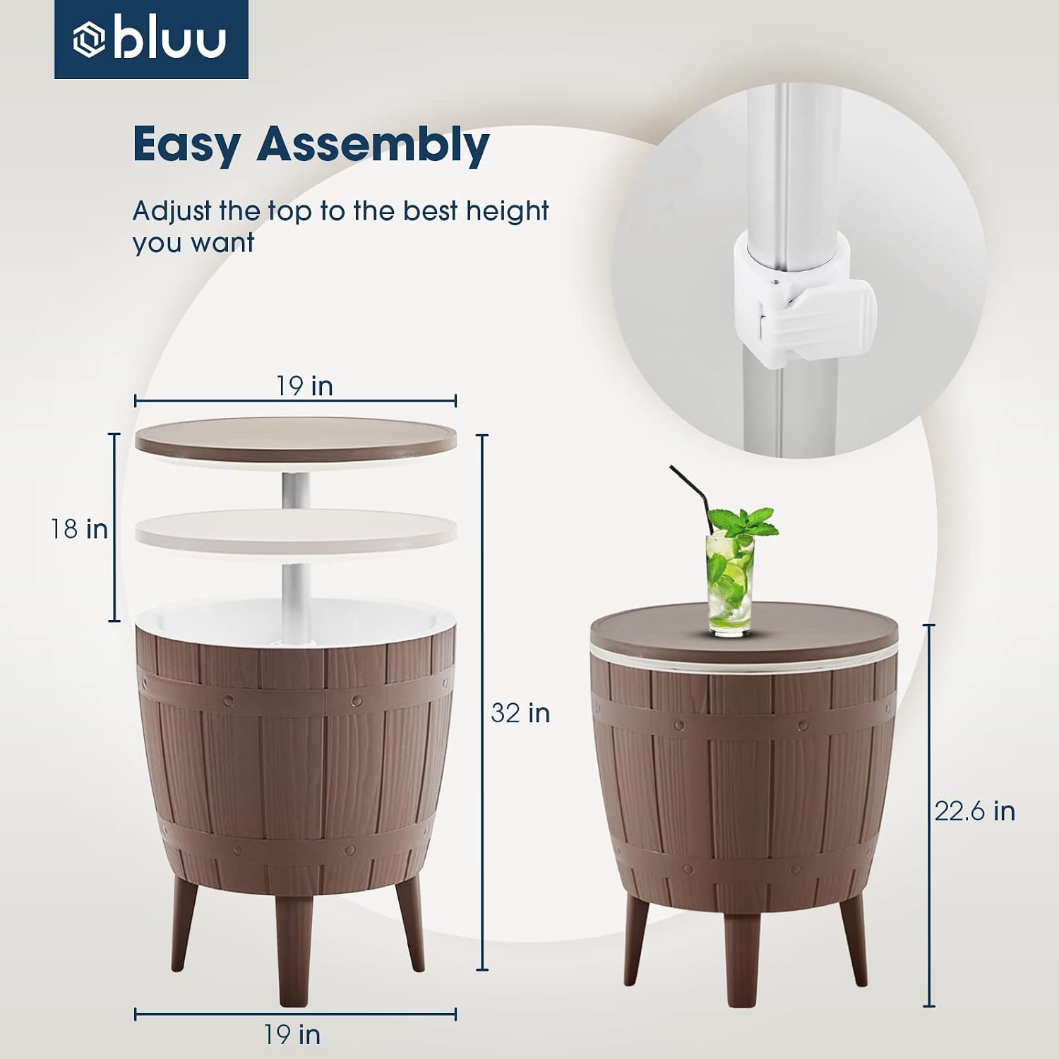 BLUU Outdoor Patio Cooler Bar Table | Adjustable Height| 3-in-1 Combines Cooler, Cocktail Table and Coffee Table | Waterproof & Steady Grey with 9.8 Gallon ｜4 Champagne Glasses Included.