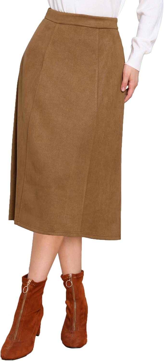 Allegra K Faux Suede Midi Skirts for Women's Work Casual Fall Winter A Line Skirt Trendy