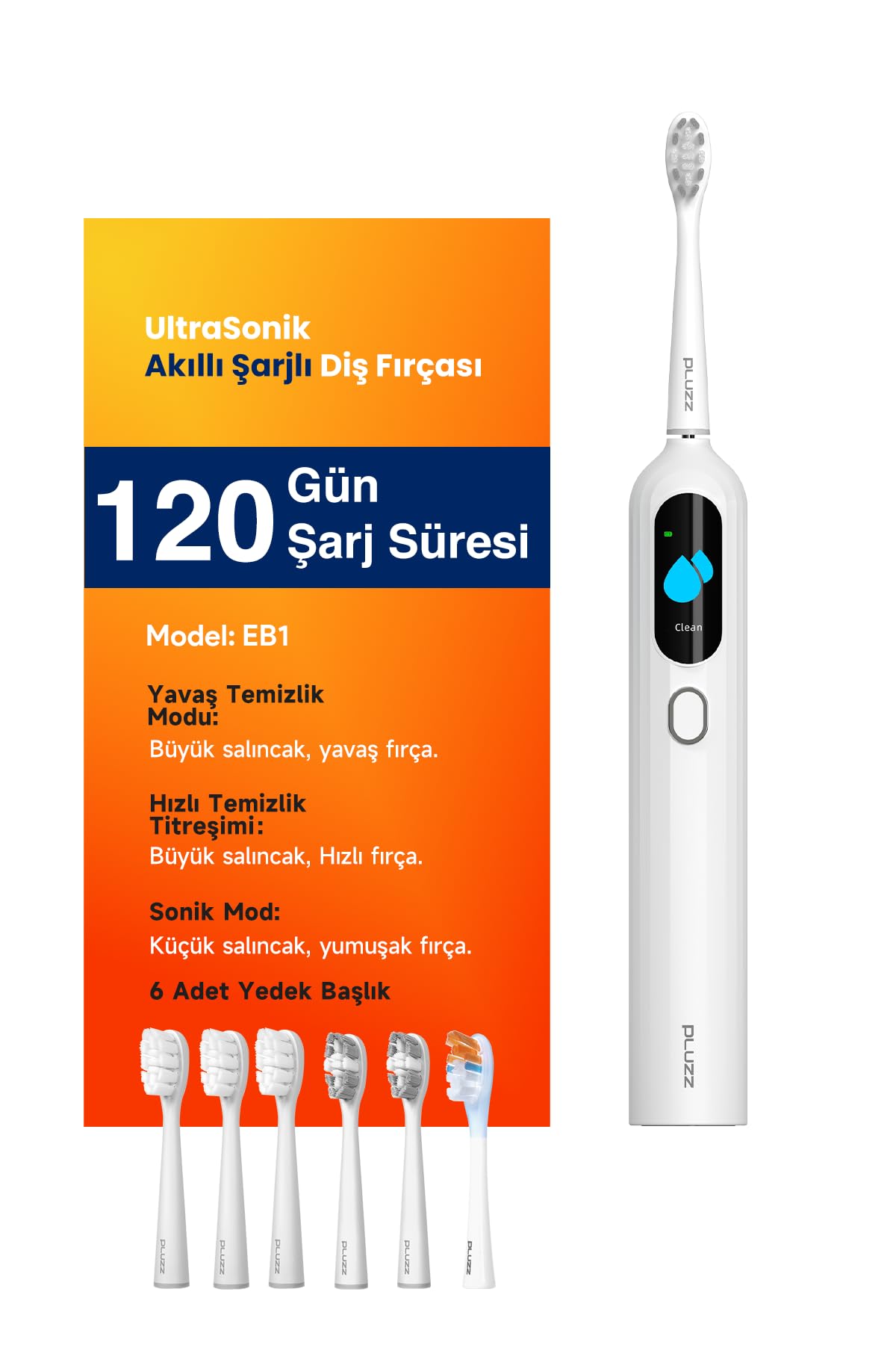 Pluzz Ultra Sonik Şarjlı Diş Fırçası 120 Gün Şarj Süresi 6 Adet Başlık(Beyaz)