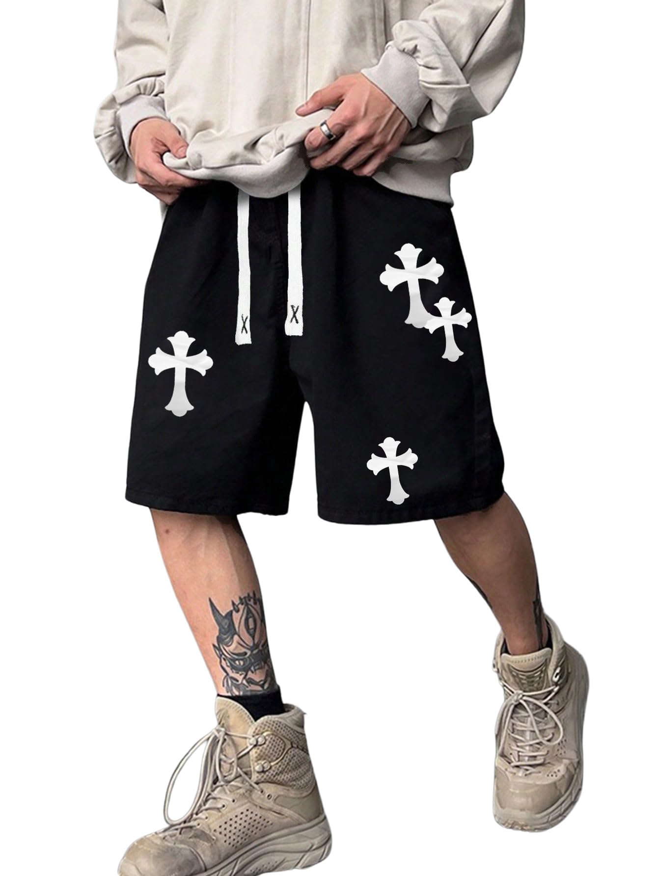 Floerns Pantalones cortos de entrenamiento para hombre con cordón en la cintura y estampado cruzado