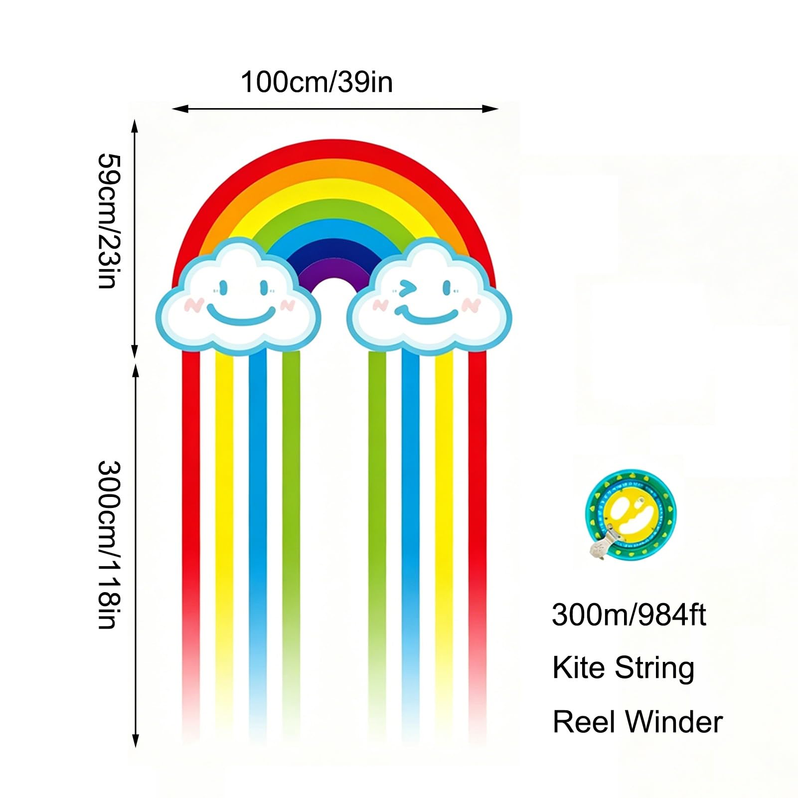 Cerf-Volant Arc-en-Ciel avec Moulinet, Facile à Piloter et à Assembler Rapidement, Stable pour Les débutants, Plage et Parc en Plein air(String 300m/984ft)