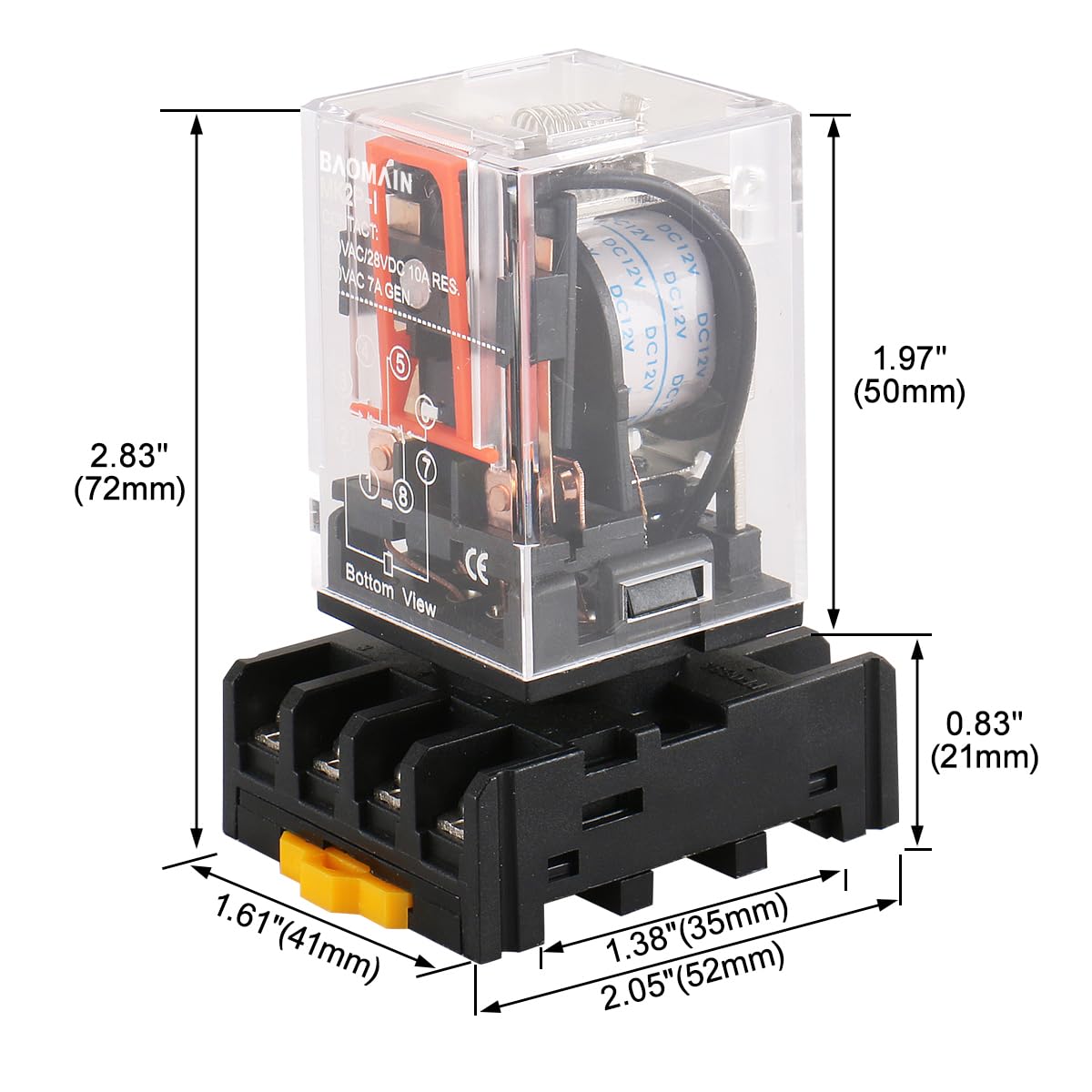 Baomain Power Relay MK2P-I 12VDC Coil DPDT 8 Pin with Plug-in Terminal Socket,for Automation and Control Systems