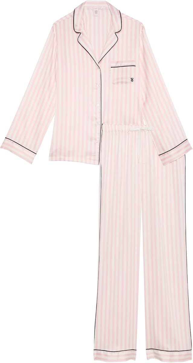 Women's Satin Pajama Set, Long Sleeve Button Down Shirt & Pants