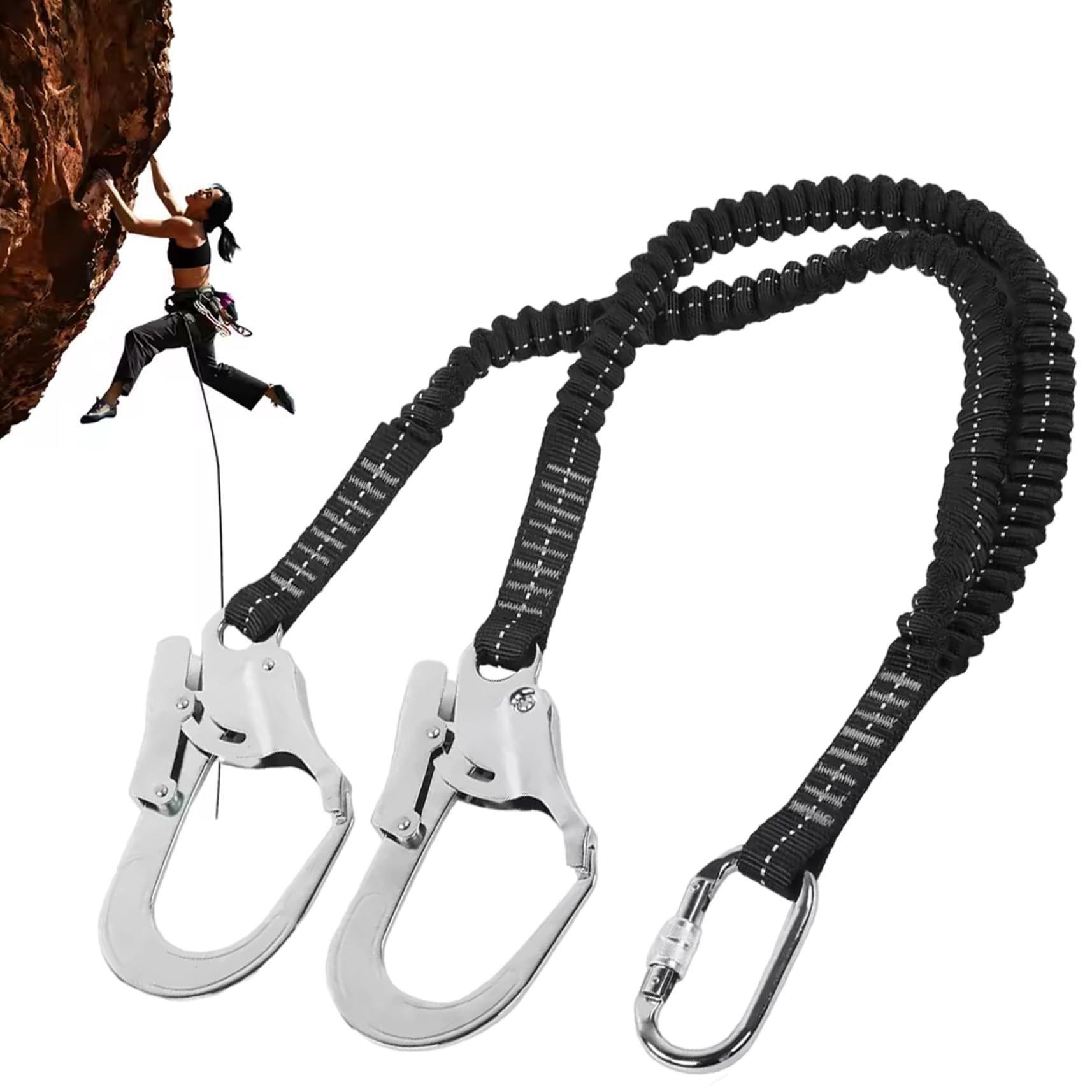 Longe de protection contre les chutes, longe de harnais sécurité élastique à double crochet 25 kn, harnais sécurité absorbant les chocs pour l'alpinisme en plein air, l'escalade, la toiture, le