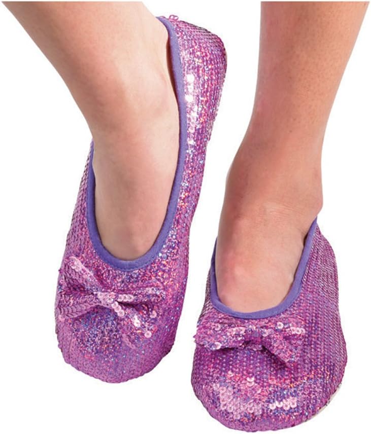 Snoozies Womens Iridescent Sequin Ballet Non-Skid Slipper Socks - Dark Pink, Large