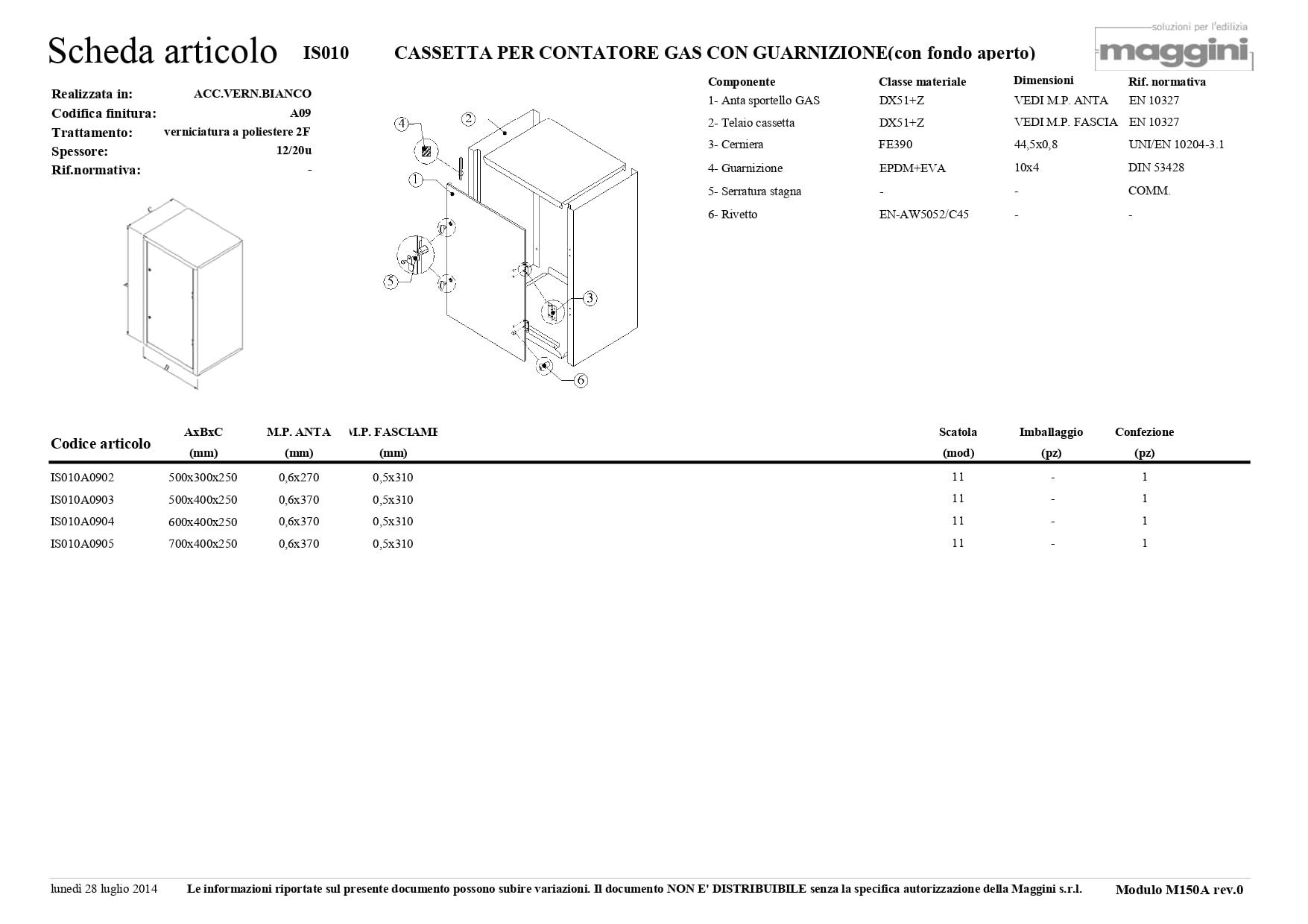 CASSETTA PER CONTATORE GAS IN ACCIAIO VERNICIATO BIANCO CON GUARNIZIONE FONDO APERTO(h. 60 x l. 40 x p. 25)