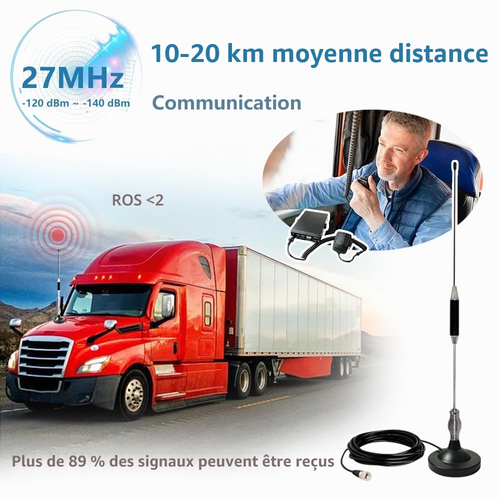 Antenne CB (27 MHz, Ht 67cm) Longue Portée | Compatible avec CiBi Président, Midland, Uniden | avec Socle Magnétique(Ø95 mm), Câble RG58 (5 m, 50 Ω), Fiche PL259 et Adaptateur (UHF vers BNC)