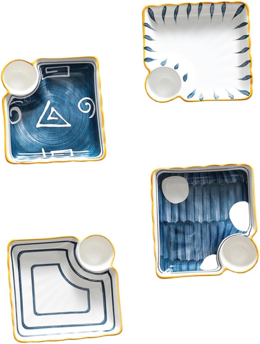 ABOOFAN Ceramic Sushi Plate and Dipping Tray Set, Japanese Style Square Ceramic Dumpling and Snack Serving Plates, 4pcs Assorted Dinnerware for Home Dining and Appetizer Random Color
