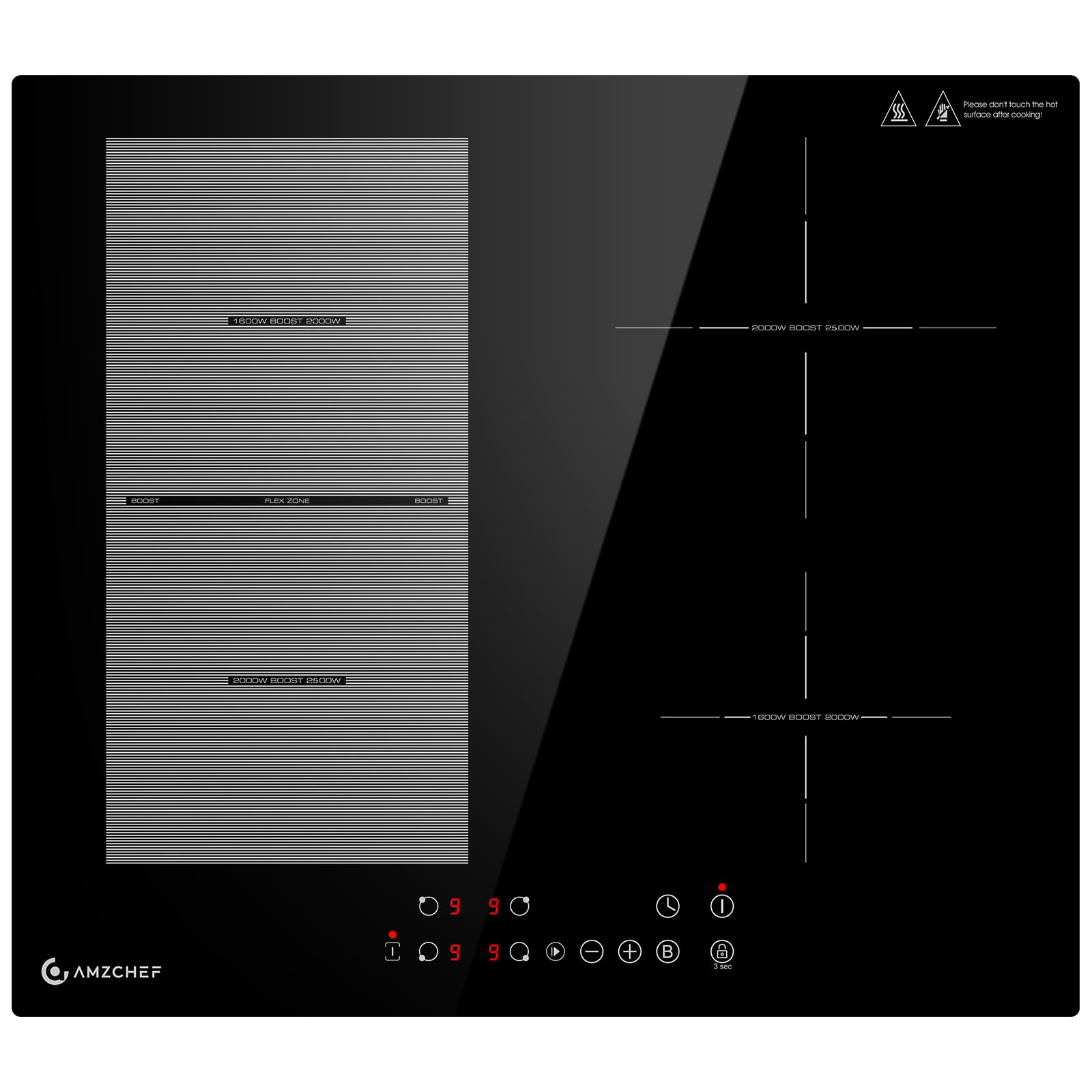 AMZCHEF Induktionskochfeld 60cm mit Flexzonen, 4 Zonen Induktionskochplatte mit Boost-Funktion und 9 Leistungsstufen, Pausenfunktion, Timer, Sicherheitsschloss, Überhitzungsschutz, BBQ, 7200W