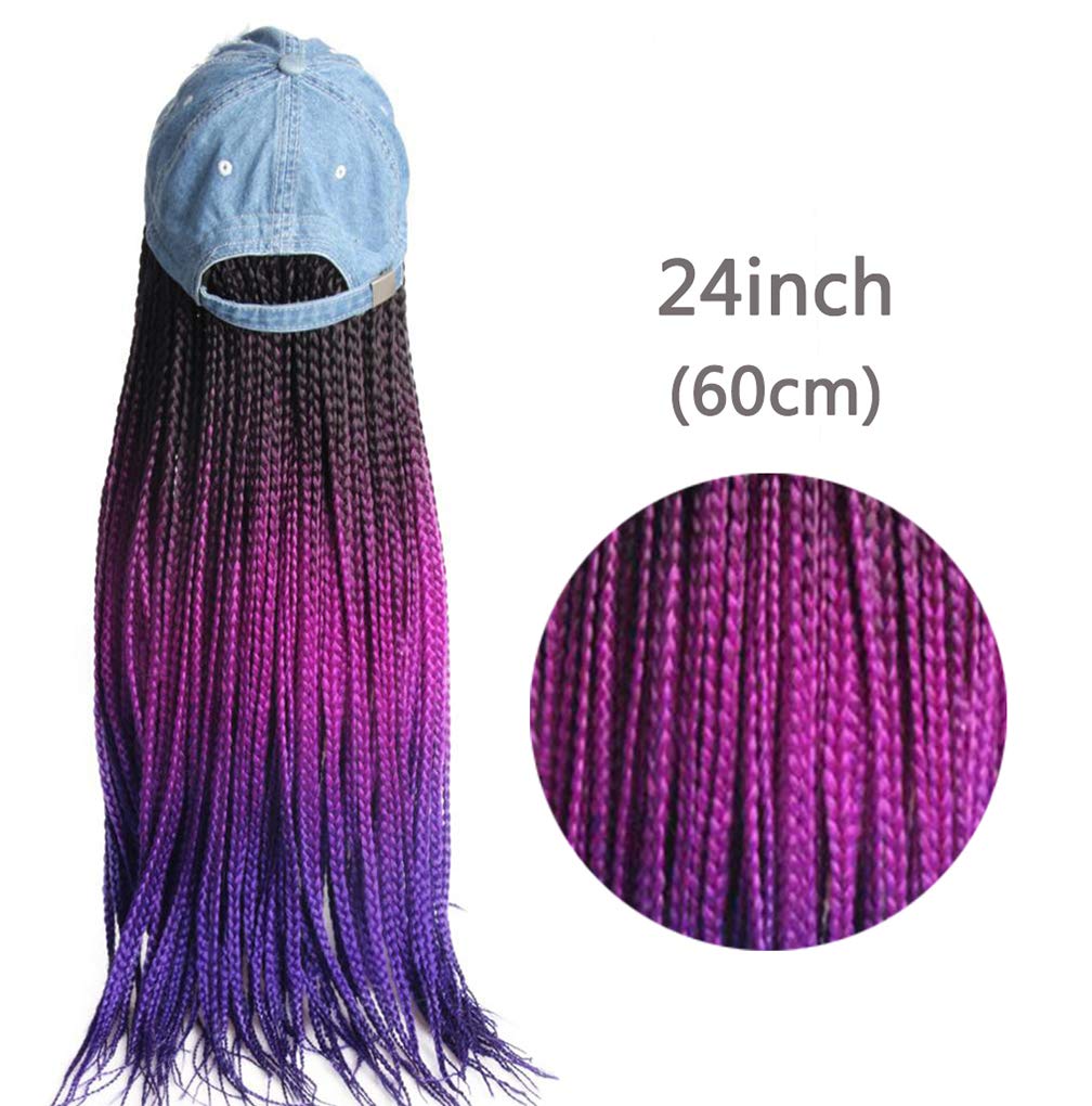 KXW Long Colorful Braided Wigs with Baseball Cap Hat for Black Women, Box Braid Wig Crochet Hair, Hat Wig Braids Wig with Hat attached, Hip Hop Punk Style 90s Party (16 colors, 24in/60cm)