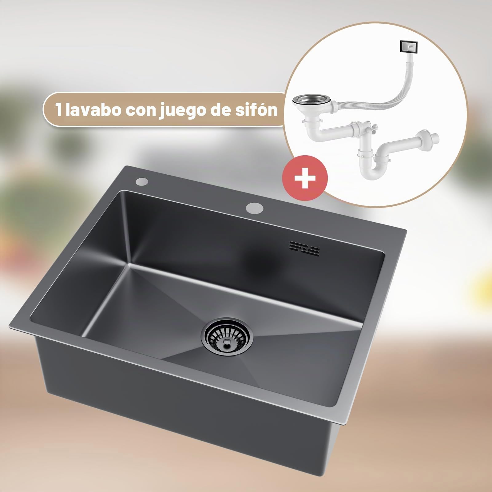 Fregadero doble de acero inoxidable, 55 x 45cm, con 2 cuencas, orificio para grifo y juego de sifón, fregadero cocina 2 senos fregadero dos senos kitchen sink (Black, L55XW45cm)