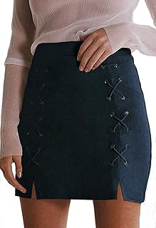 Women's Classic High Waist Lace Up Bodycon Faux Suede A Line Mini Pencil Skirt