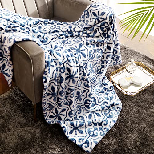 Geniospin Fleece Throw Blanket 50" X 60", 280Gsm Navy Blue Throws, Cozy Bright Damask Pattern Lightweight Durable Blanket, Super Soft Plush Throw With Strip For Couch, Bed, Sofa, Warm And Breathable #TOP4