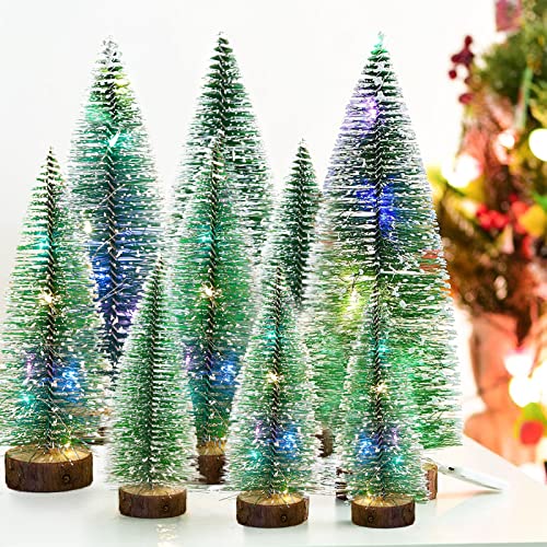 Amzeeniu Mini árbol de Navidad,9 Piezas Árboles de sisal Artificial áRbol de Nieve10/15/20 cm,y bases de madera...