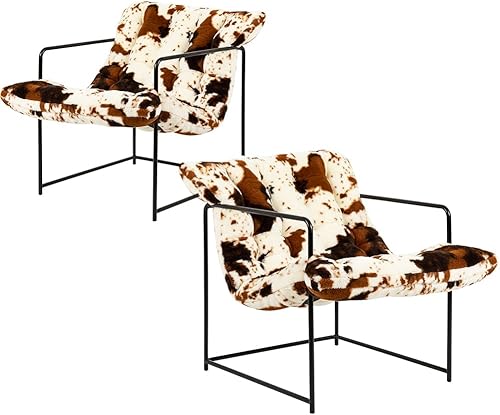 GIA Silla decorativa moderna de mediados de siglo para sala de estar, dormitorio y oficina, juego de 2, tapizada en piel sintética marrón y blanca